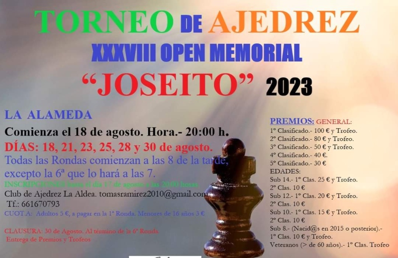 El Club de Ajedrez La Aldea abre las inscripciones para participar en el XXXVIII Open Memorial “Joseito” 2023