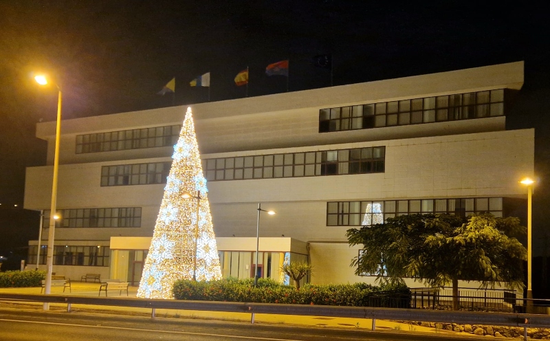 Un árbol de Navidad  de 12 metros luce  frente a las oficinas municipales de Telde