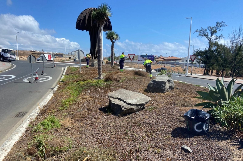 Parques y Jardines de Telde ejecuta trabajos de limpieza y mantenimiento en la mediana del vial costero
