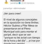 Peña señala públicamente a dos concejales en su perfil de Instagram y les acusa de cobrar 320 euros por acudir «un minuto» al Pleno
