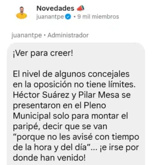 Peña señala públicamente a dos concejales en su perfil de Instagram y les acusa de cobrar 320 euros por acudir «un minuto» al Pleno